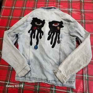 ROKU STUDIO Denim Jacket Tear Dripping Distressed Light Wash Sequin Eyes Size M